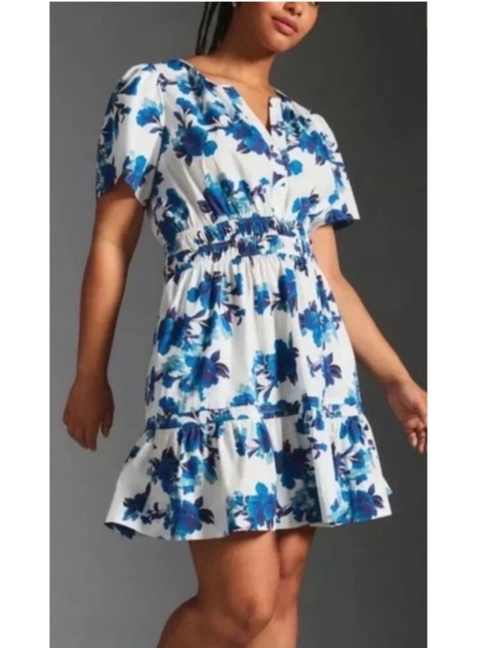 Anthropologie Somerset Mini Dress Blue Floral Smocked Tiered Medium